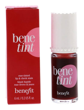 Benefit close-up lip swatch showing rose tint payoff and buildable color