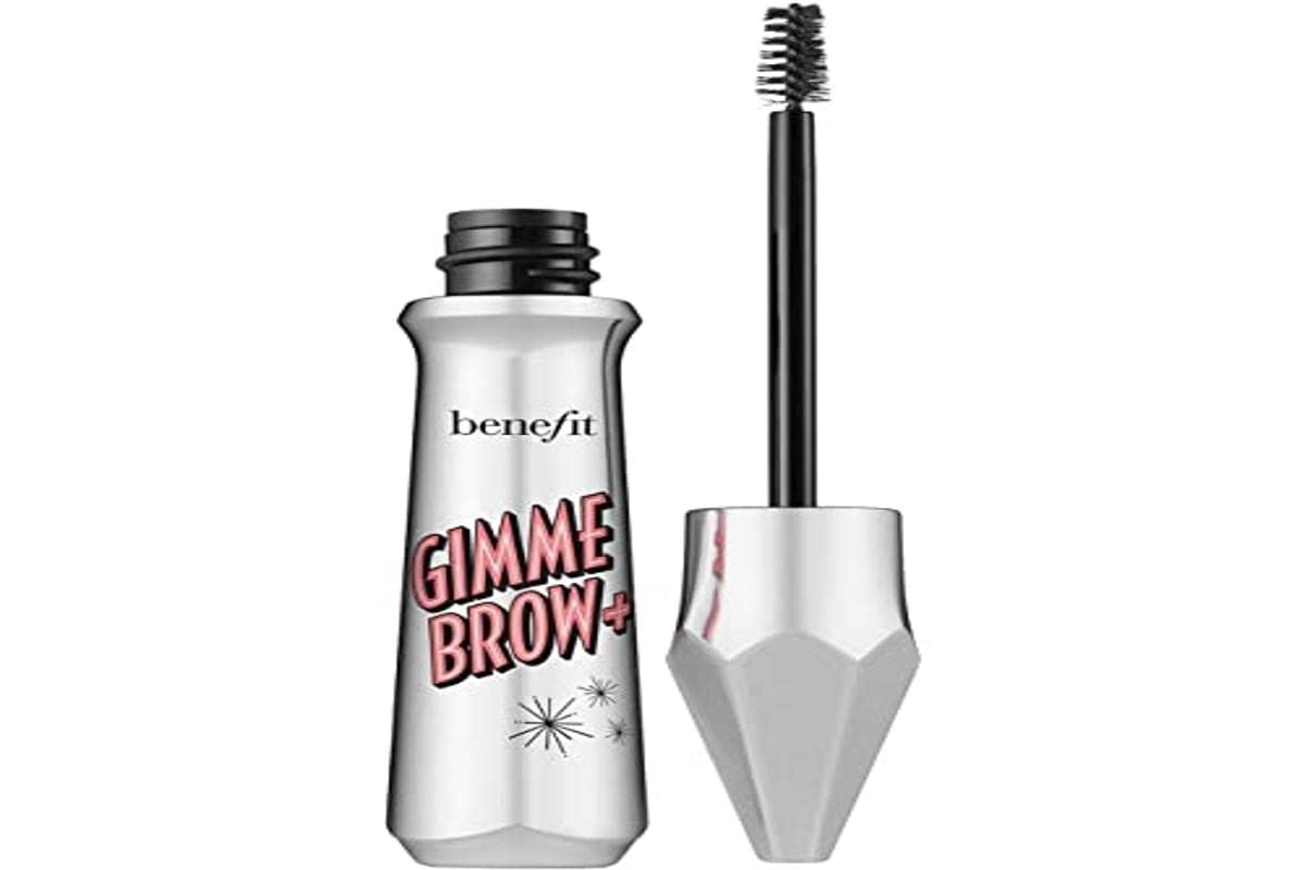 Benefit Gimme Brow+ mini front tube showing shade and compact travel size for on-the-go grooming