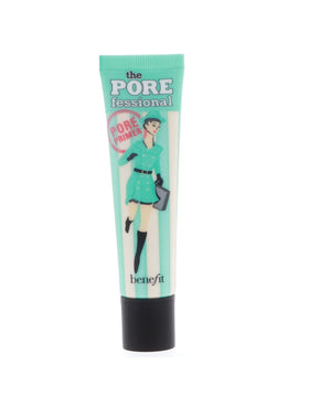 Benefit POREfessional applied on fingertips over makeup showing quick touch-up benefit