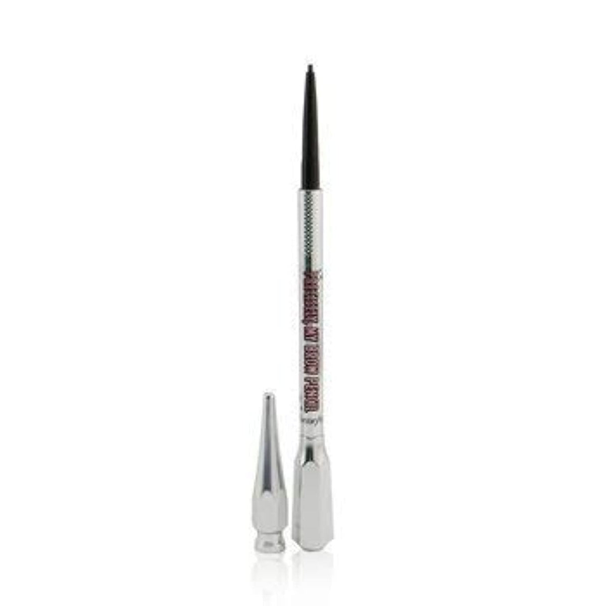 Benefit front view of pencil showing slim waterproof design and convenient spoolie