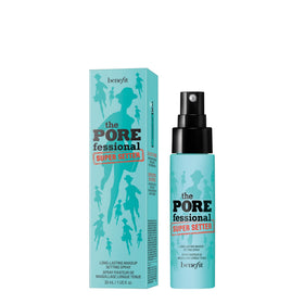 Benefit misting onto face demonstrating long-lasting hold and pore-blurring