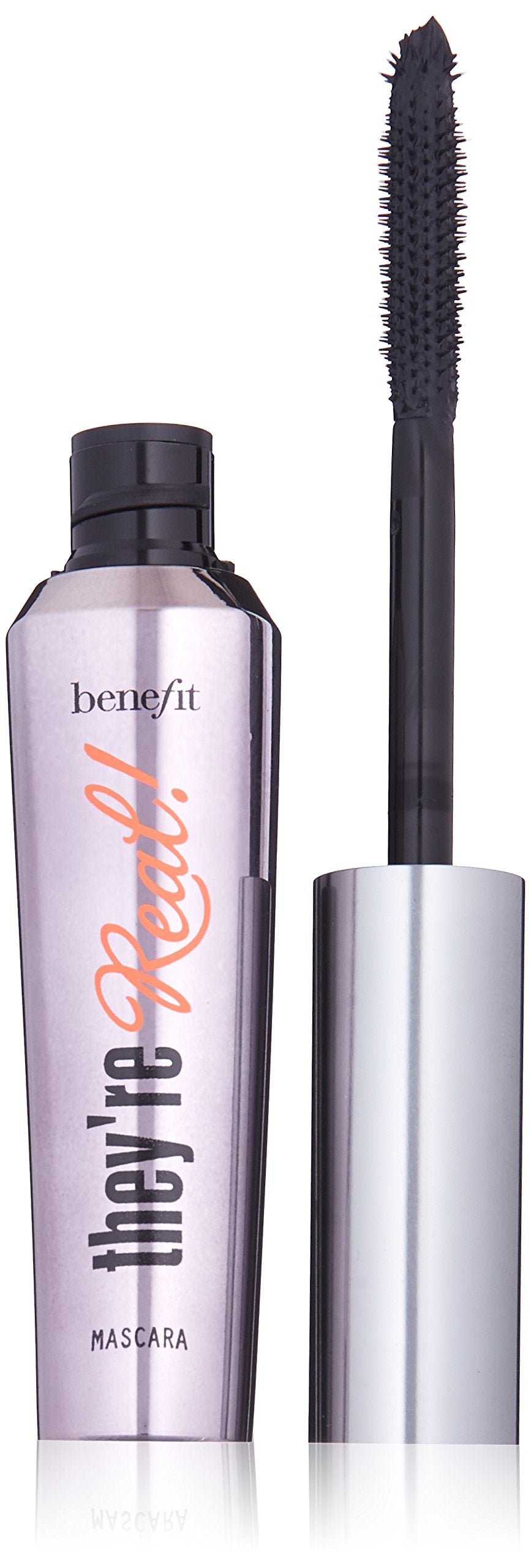 Benefit mascara tube front view showing glossy black wand and product benefit