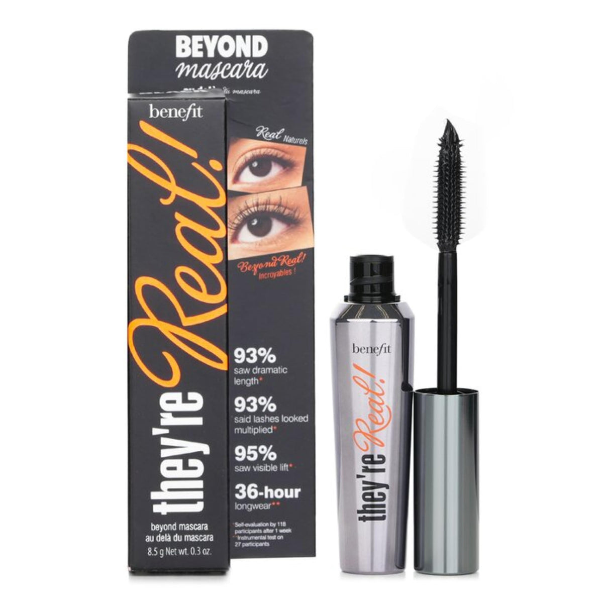 Benefit theyre real mascara applied on lashes demonstrating visible thickness and length
