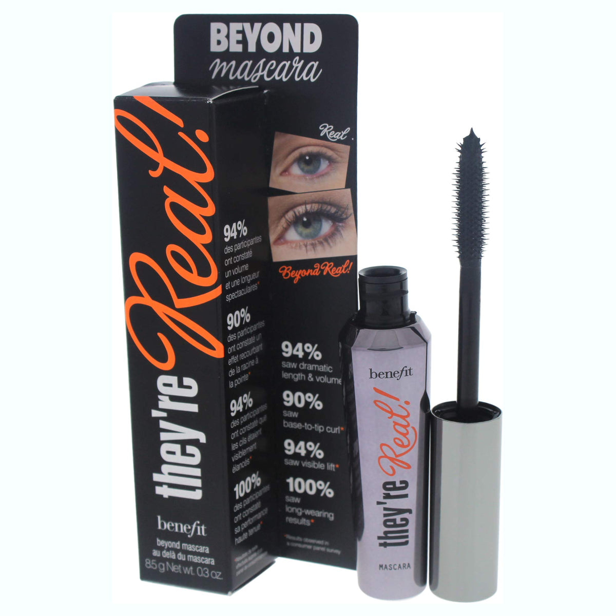 Benefit they're real mascara applied on lashes showing volume and separation