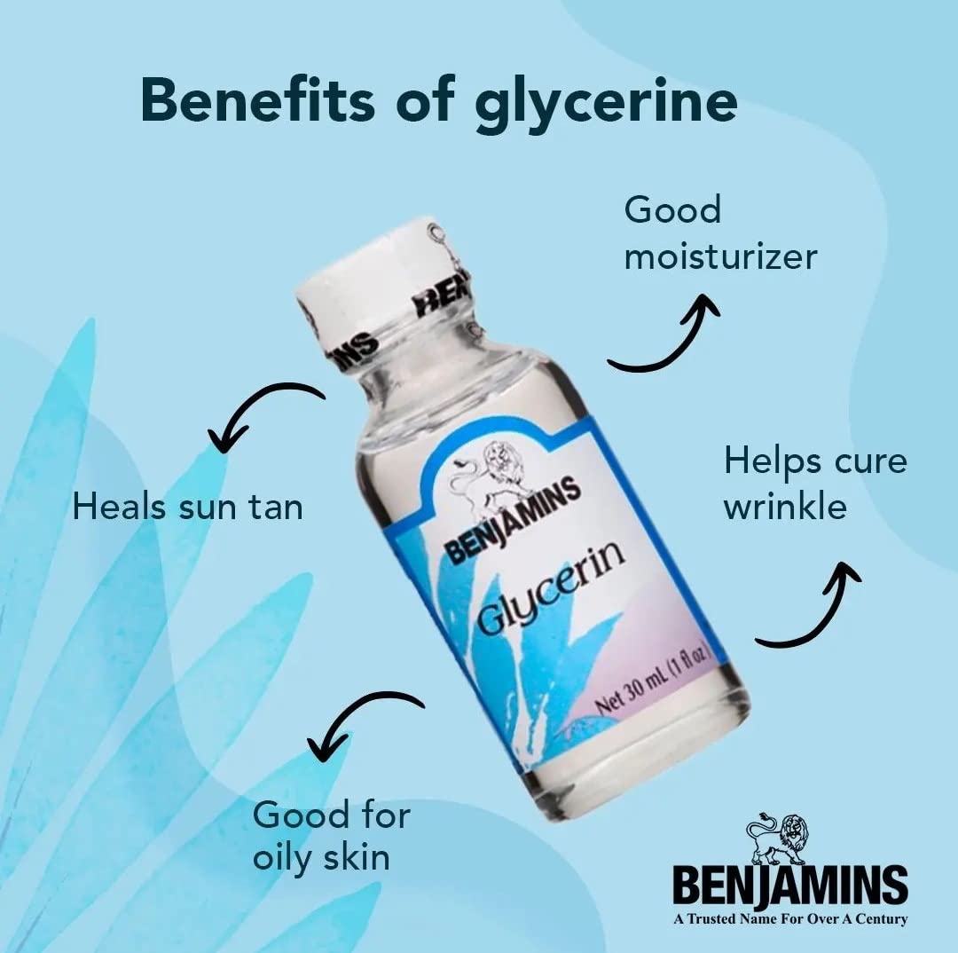 Benjamins glycerin front view in glass bottle, shows compact size and travel-friendly storage