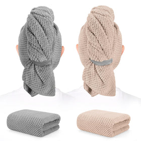 BEoffer front view of two packaged hair towel turbans showing value and color choices