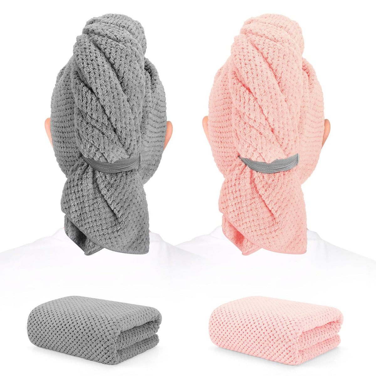 BEoffer front view of two packaged microfiber hair towels showing size and color benefits