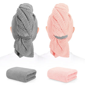 BEoffer front view of two packaged microfiber hair towels showing size and color benefits