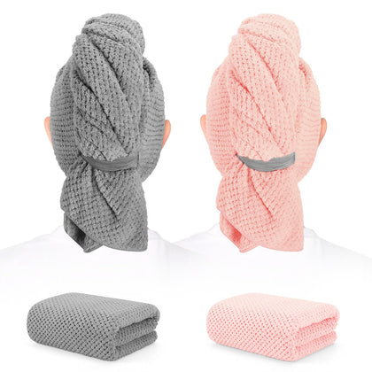 BEoffer front view of two packaged microfiber hair towels showing size and color benefits