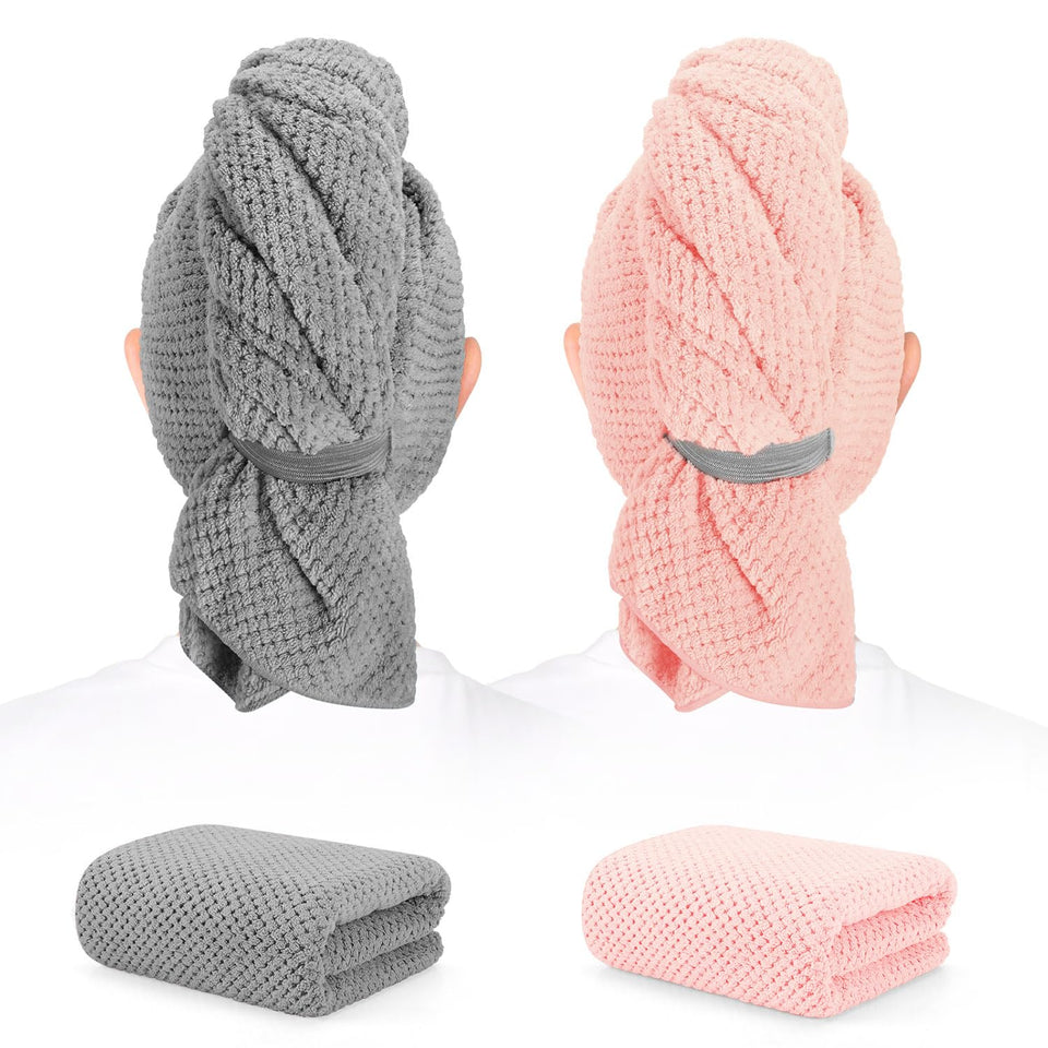 BEoffer front view of two packaged microfiber hair towels showing size and color benefits