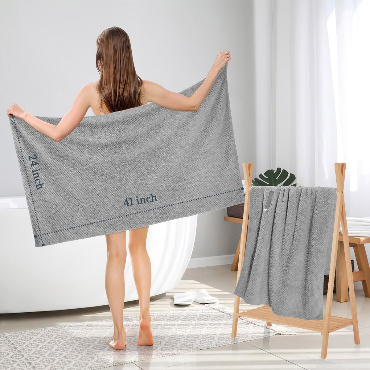 BEoffer towel spread on table showing 41 x 24 inch size for long hair coverage