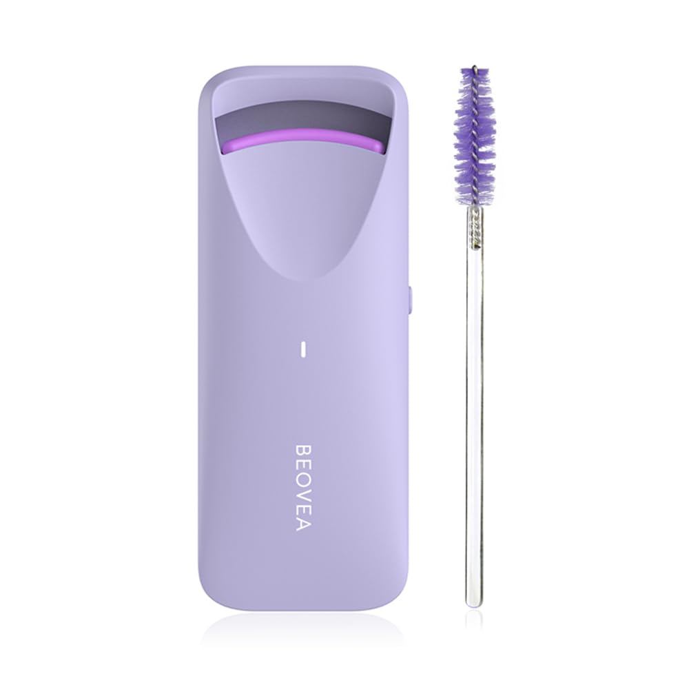 BEOVEA front view of heated eyelash curler showing compact design and power button, ideal for travel