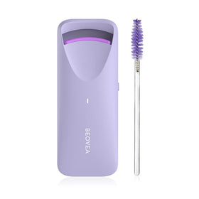 BEOVEA front view of heated eyelash curler showing compact design and power button, ideal for travel