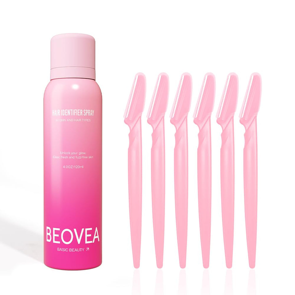 BEOVEA front packaging showing spray bottle and six razors, highlights ready-to-use convenience
