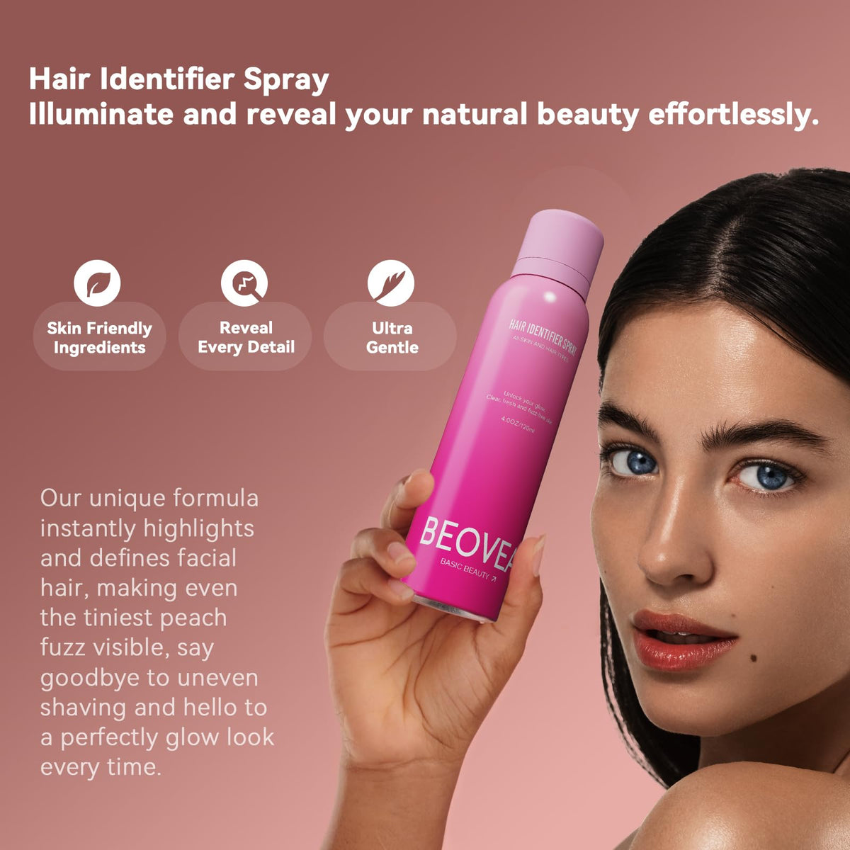 BEOVEA razor and spray held in hand to show scale and user-friendly size