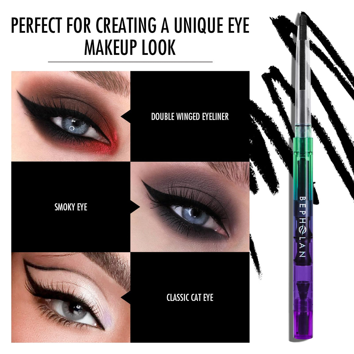 BEPHOLAN applied on eye lash line showing crisp matte definition and long-wear benefit