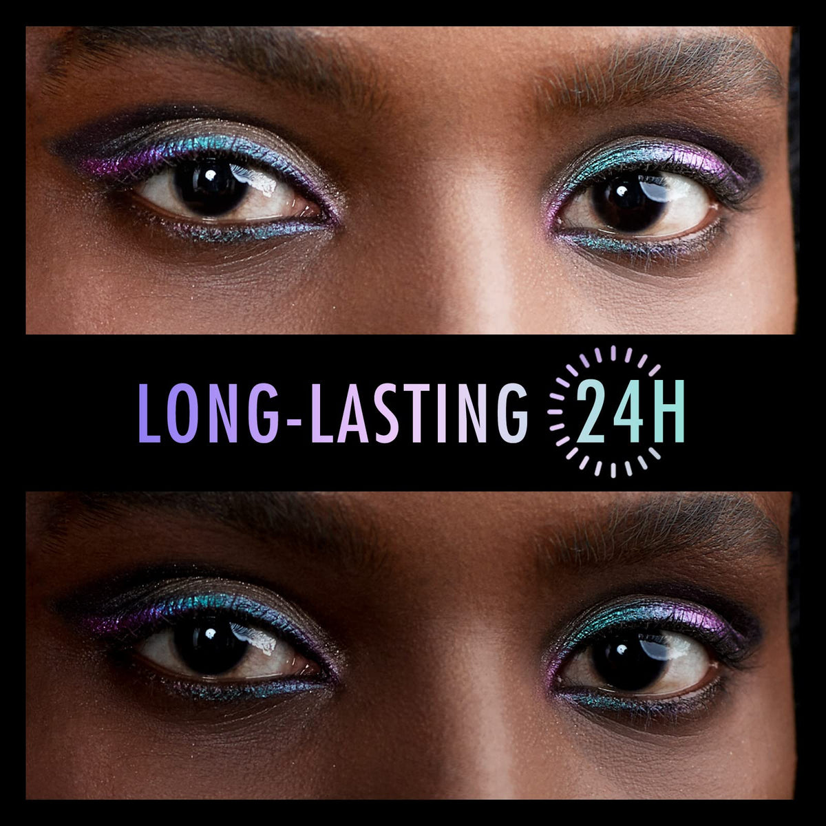 BEPHOLAN eyeliner applied as winged liner demonstrating long-lasting sparkle hold