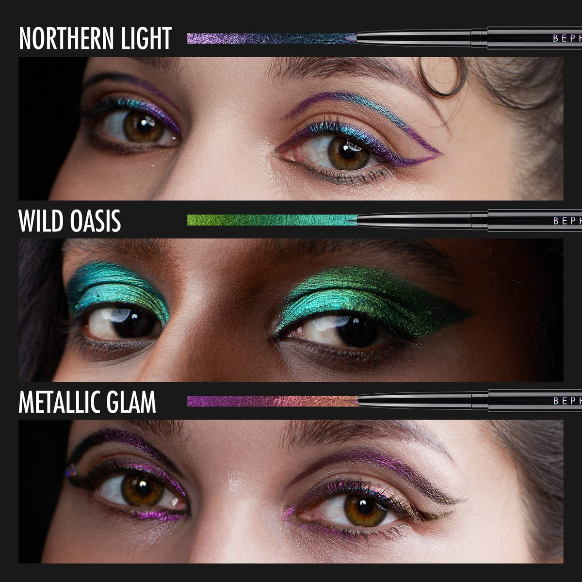 BEPHOLAN lifestyle evening look showcasing iridescent eyeshadow effect and glam