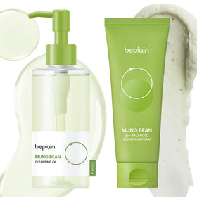 beplain front packaging of double cleansing duo, shows both bottles and benefits