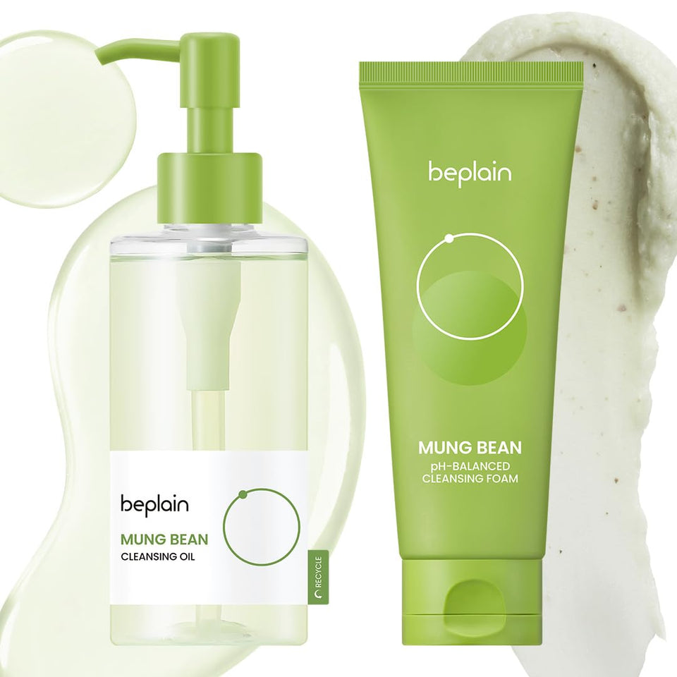 beplain front packaging of double cleansing duo, shows both bottles and benefits