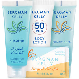 BERGMAN KELLY front packaging showing 200 piece set and tropical waterfall scent benefit