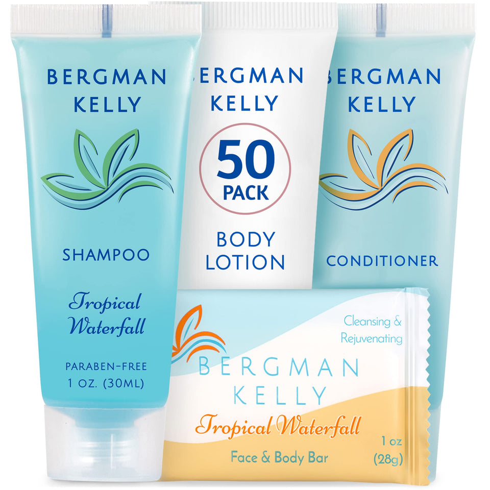 BERGMAN KELLY front packaging showing 200 piece set and tropical waterfall scent benefit
