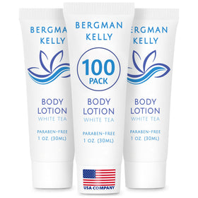 BERGMAN KELLY front packaging showing 100 travel lotion tubes and branding for bulk convenience