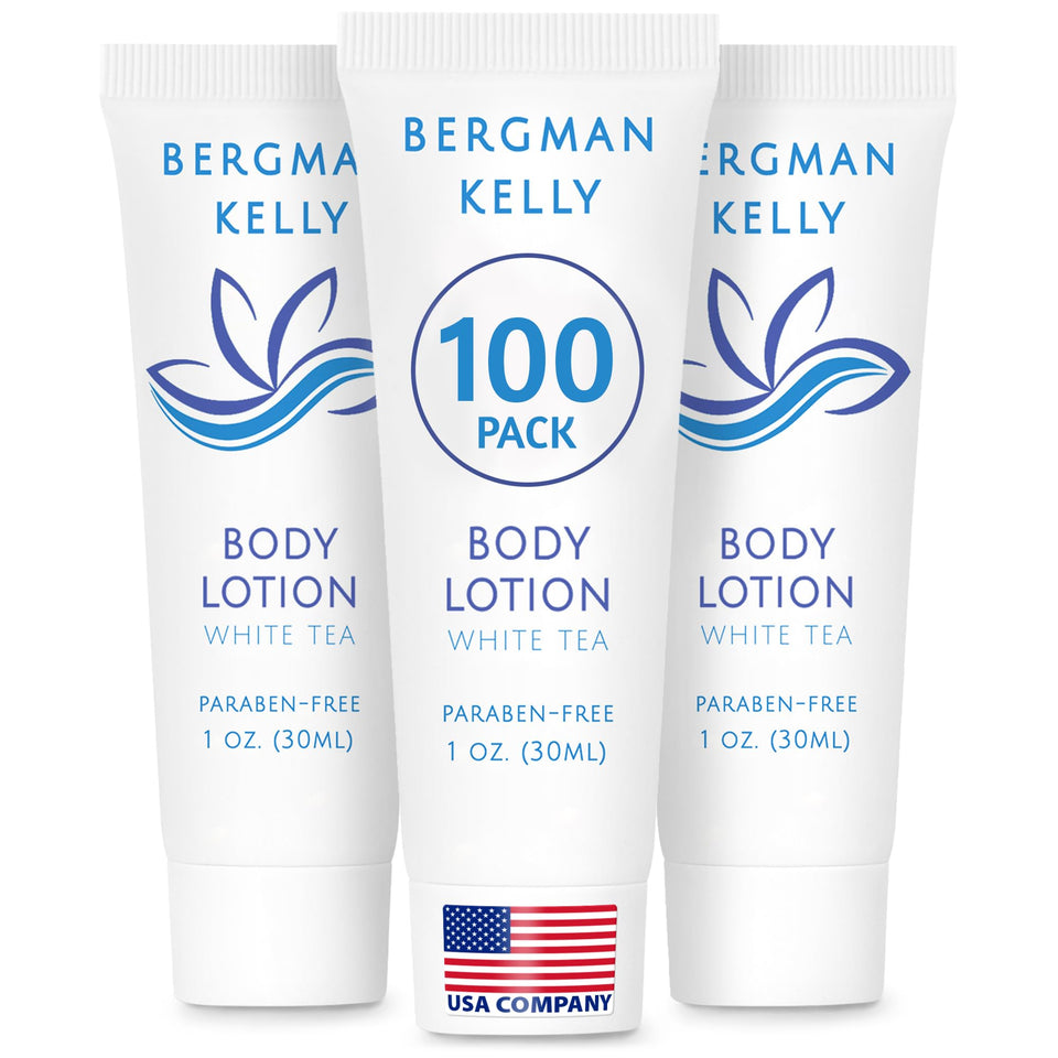 BERGMAN KELLY front packaging showing 100 travel lotion tubes and branding for bulk convenience