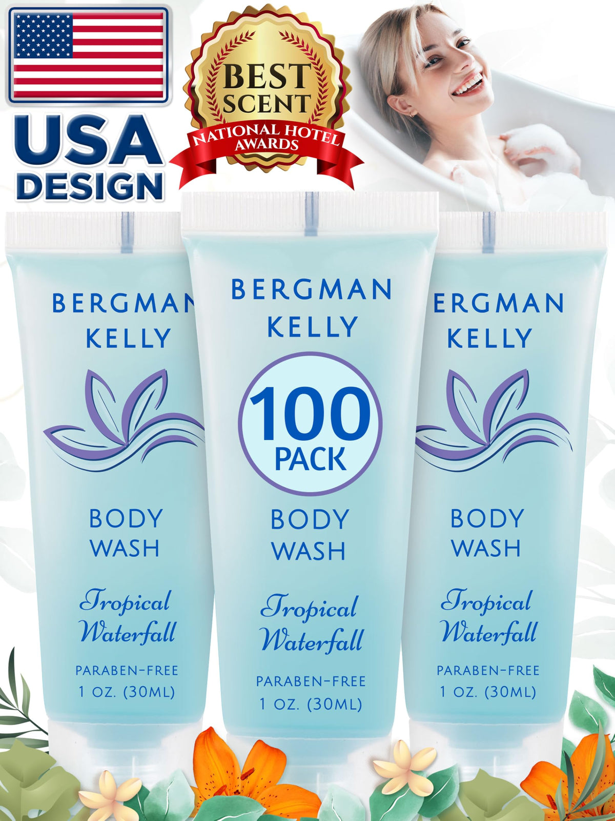 BERGMAN KELLY bottle staged by hotel sink demonstrating professional guest-ready presentation