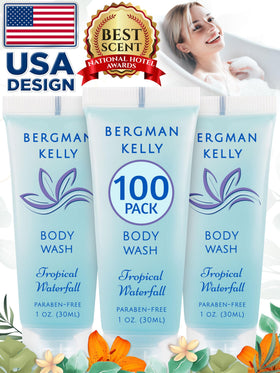 BERGMAN KELLY bottle staged by hotel sink demonstrating professional guest-ready presentation