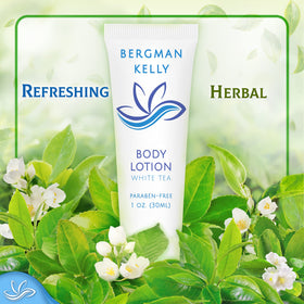 BERGMAN KELLY lotion texture on hand showing light moisturizing benefit and white tea scent