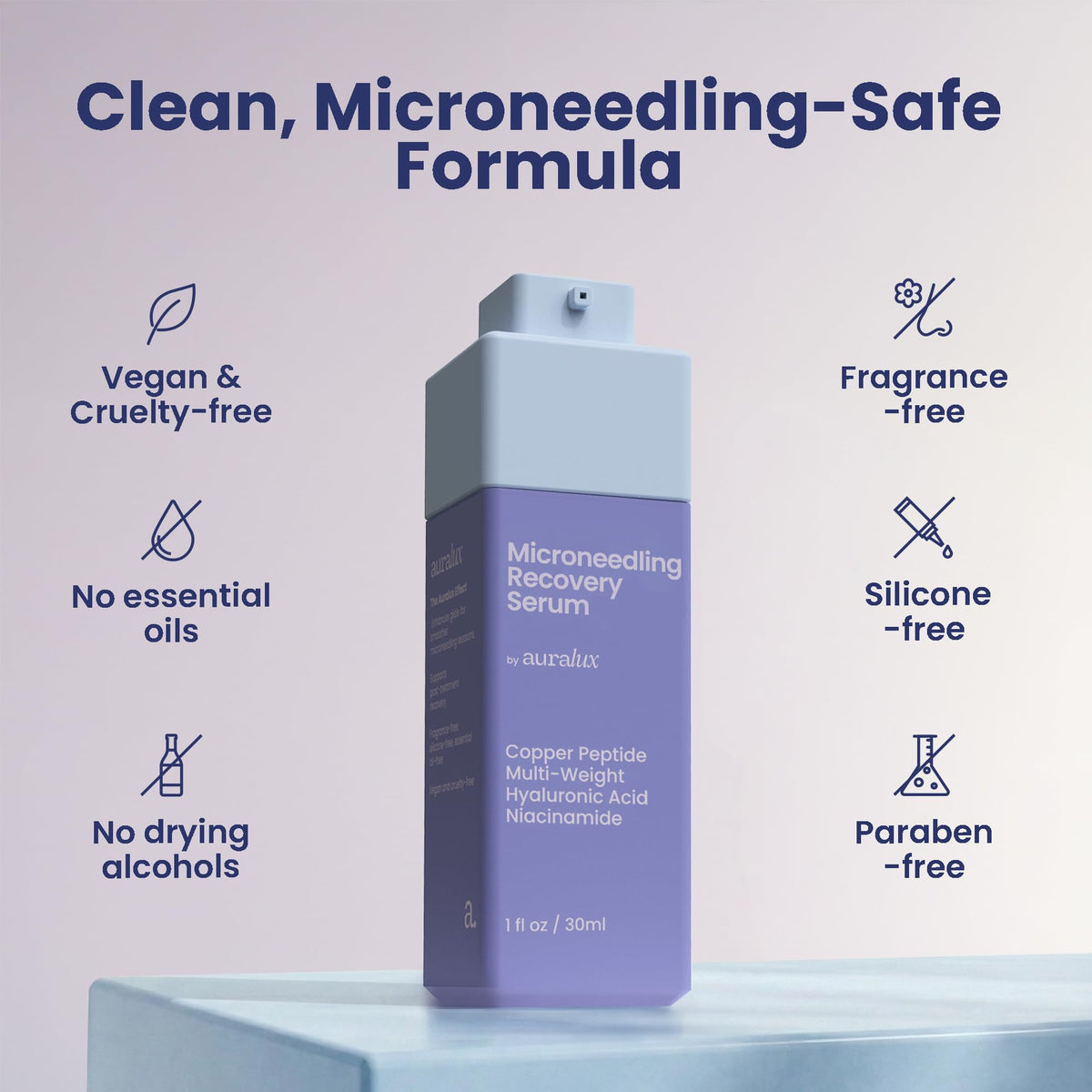 Berkland Auralux beside microneedling device illustrating device-safe compatibility