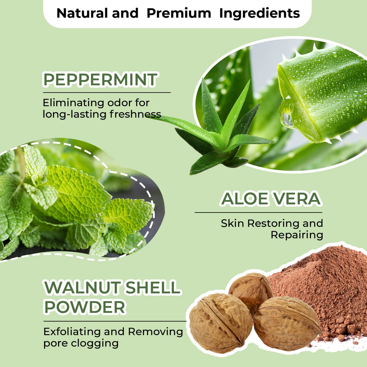 Berlaney peppermint aloe and walnut shell ingredients arranged to highlight natural benefits