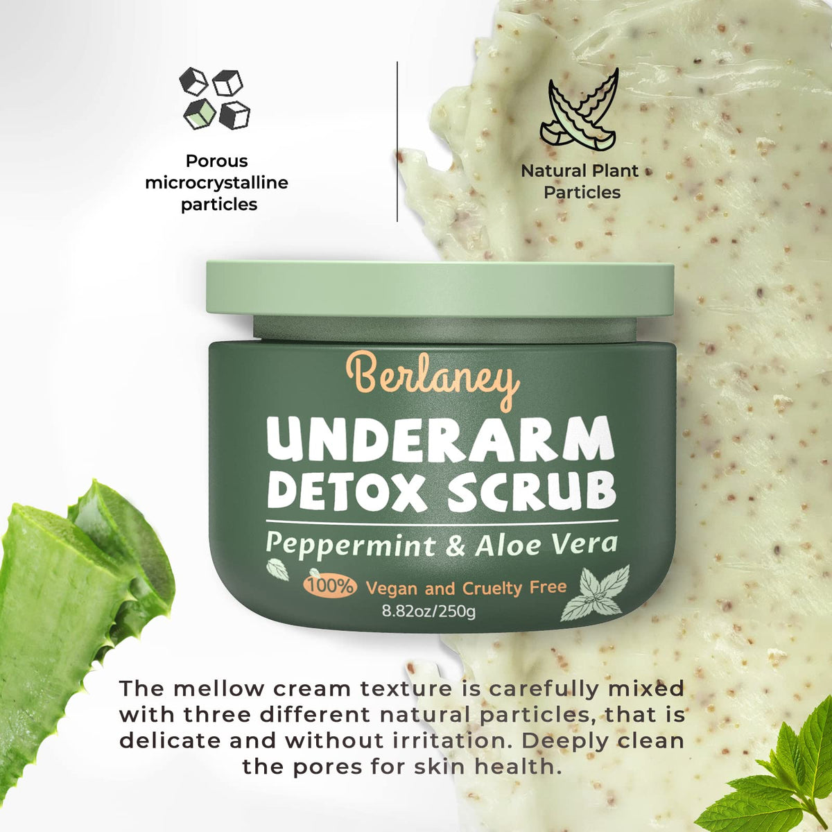 Berlaney scrub texture closeup showing walnut granules for effective exfoliation