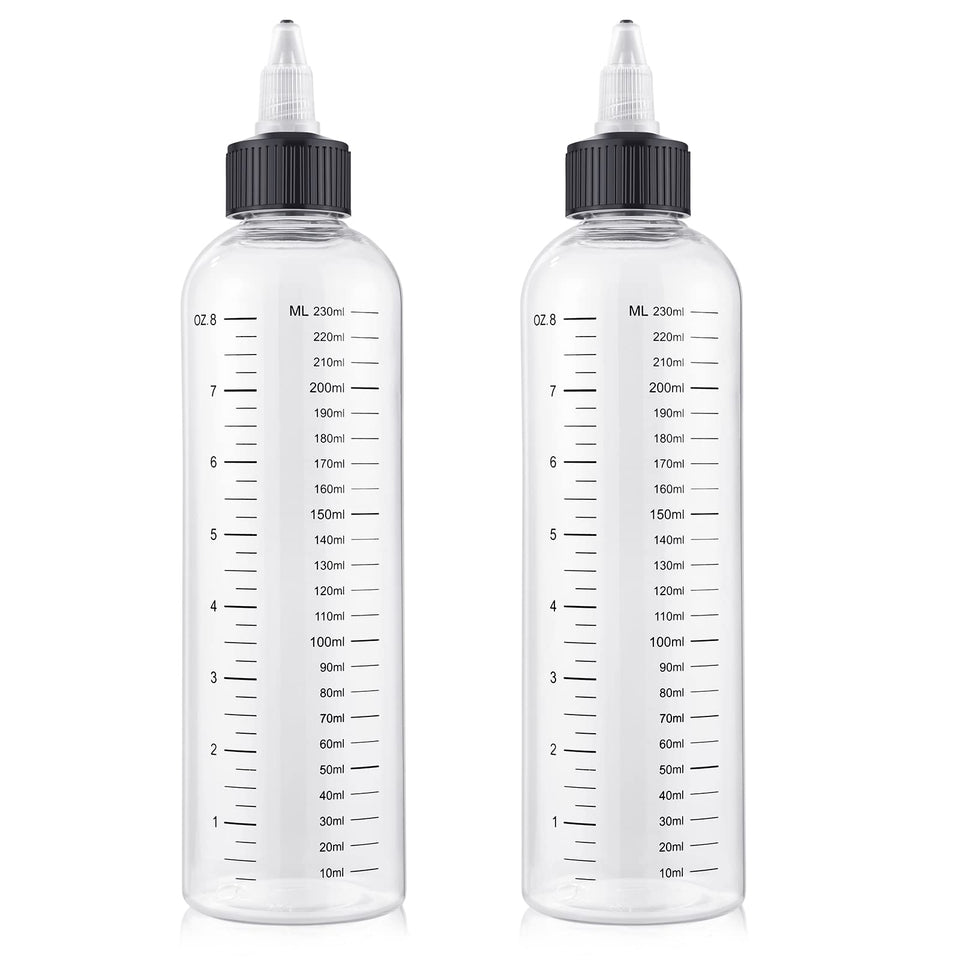 BESARME front view of two applicator bottles showing capacity and labels for easy identification