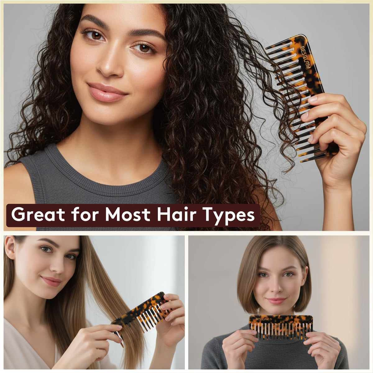 BESGLAM combs held in hand showing 6-inch size for comfortable control