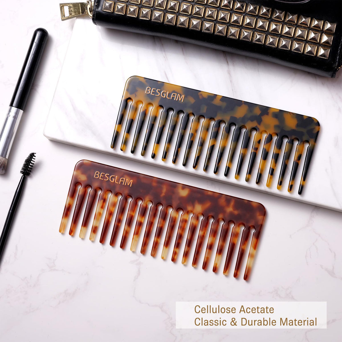BESGLAM combs styled in bathroom setting adding elegant grooming appeal