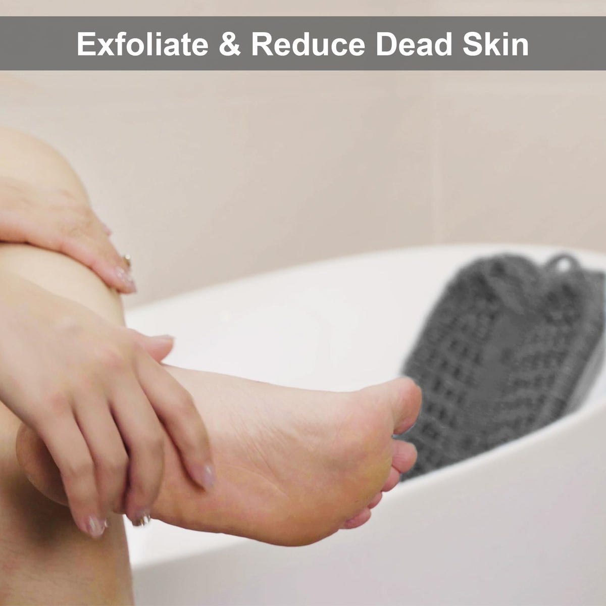 BESKAR mat in shower while user stands cleaning feet hands-free