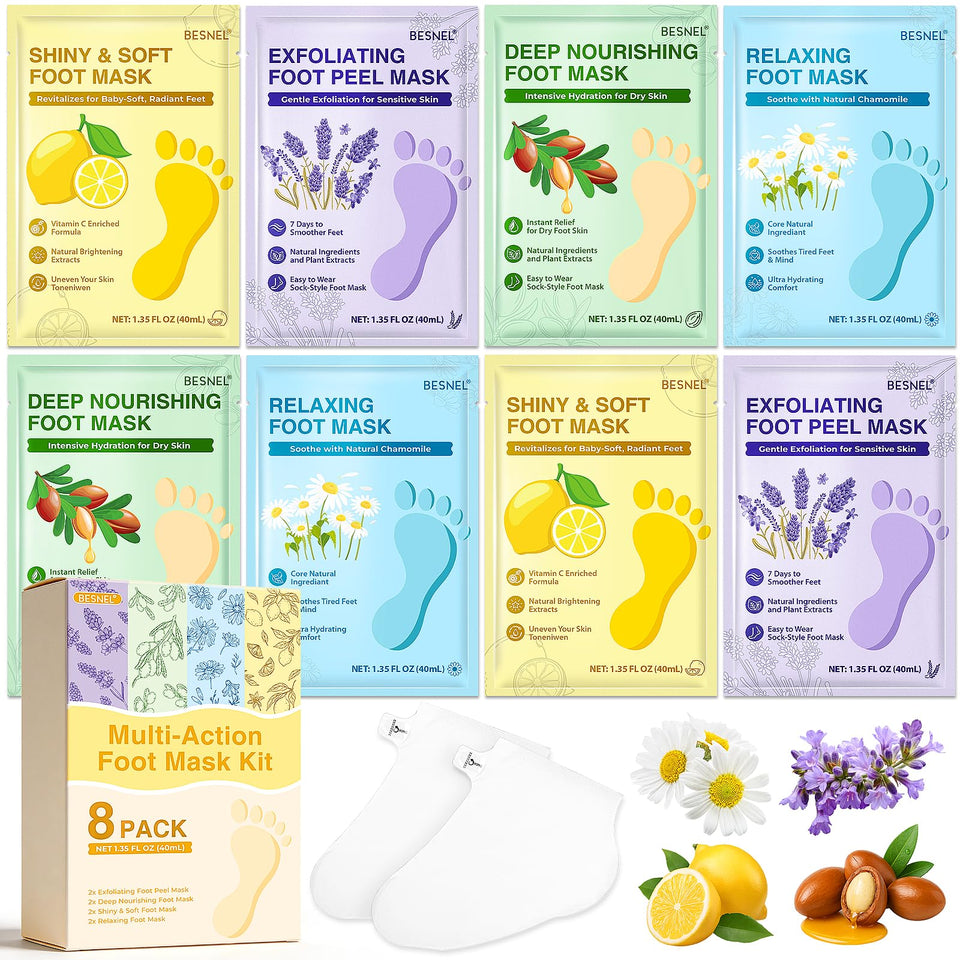 BESNEL front packaging showing all four foot mask styles and benefits
