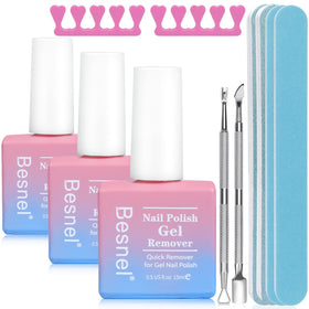 BESNEL front packaging showing three 0.5 fl oz gel remover bottles and tools for quick removal