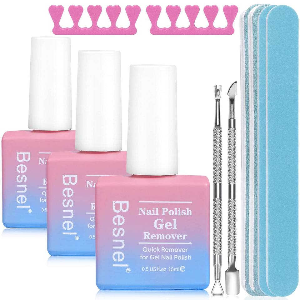 BESNEL front packaging showing three 0.5 fl oz gel remover bottles and tools for quick removal