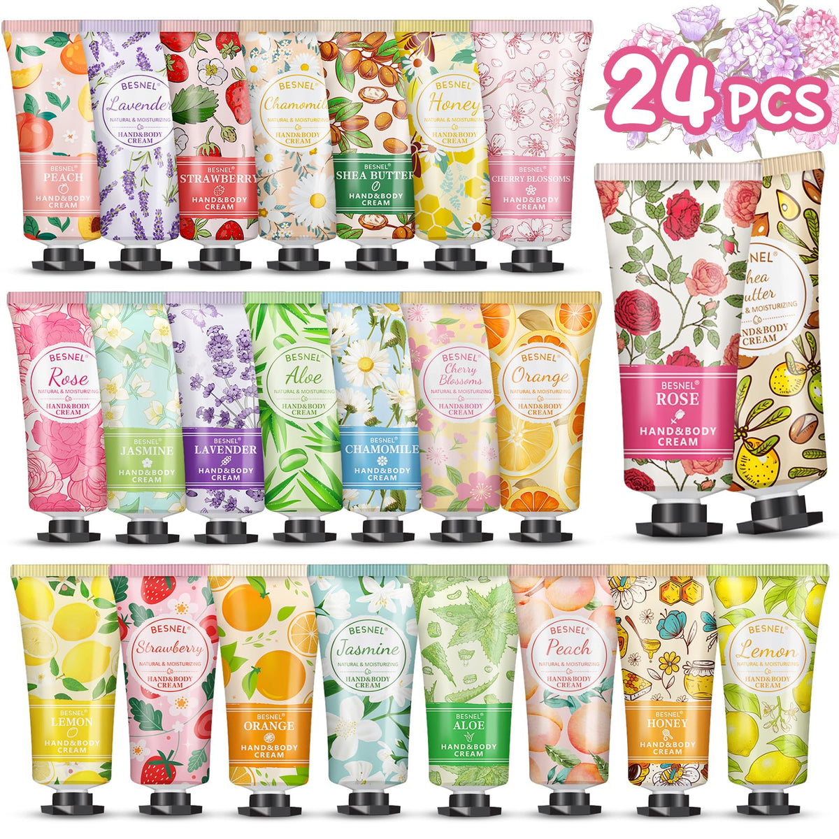 BESNEL front packaging showing all 24 mini hand cream tubes and variety