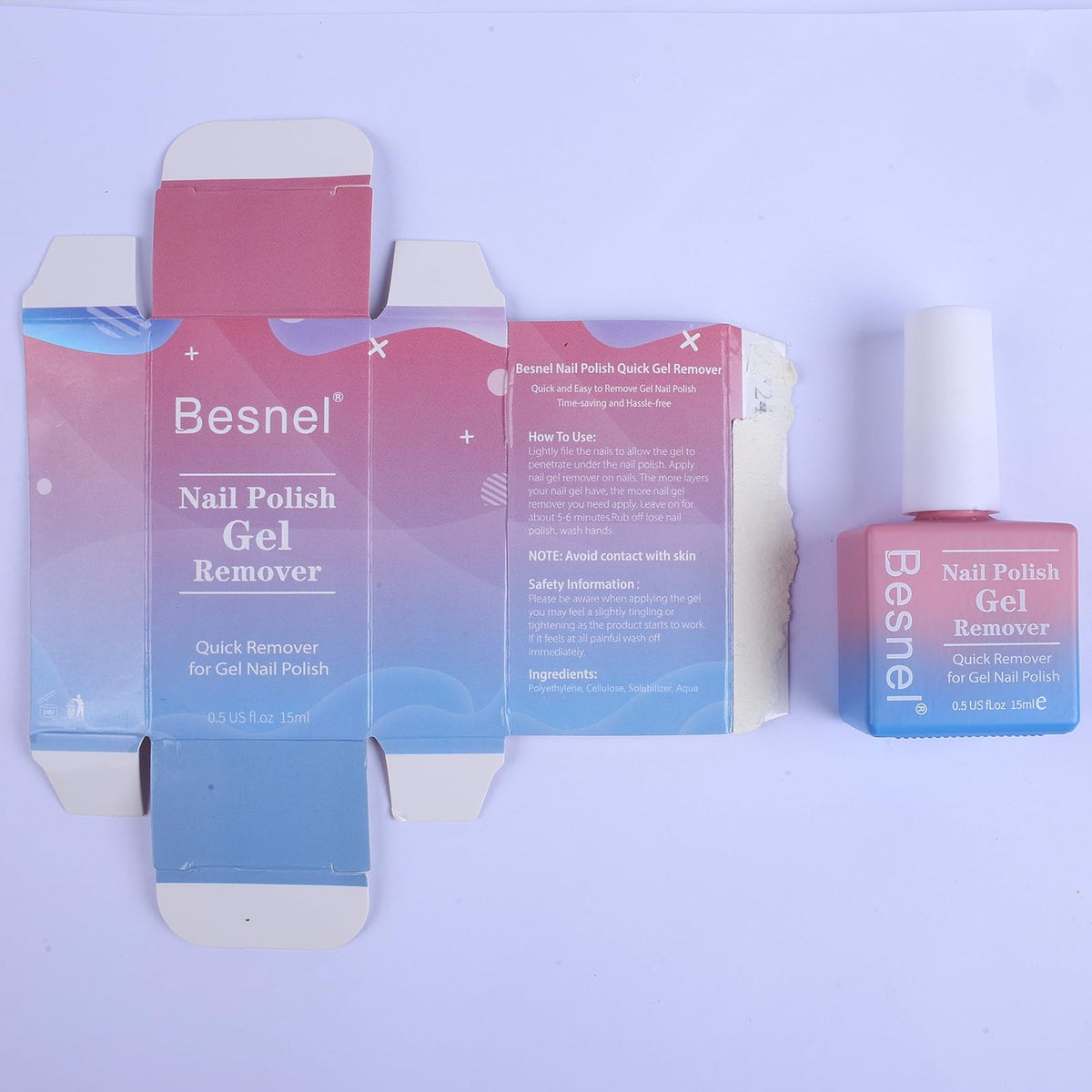 BESNEL remover bottle with brush applying solution to nail for fast polish lifting