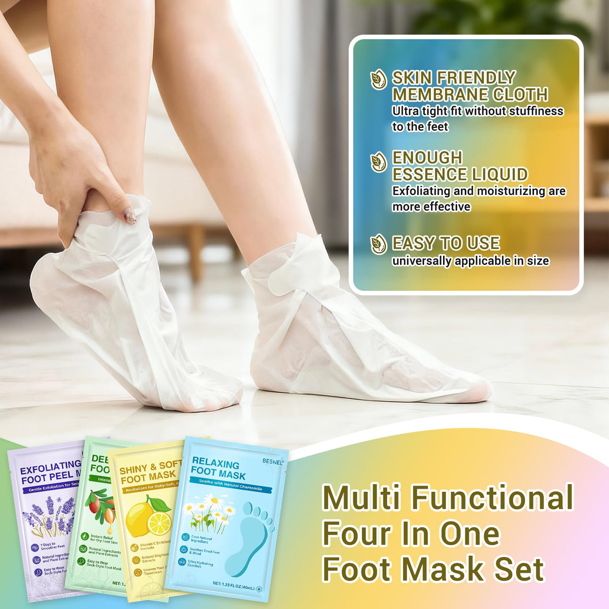 BESNEL mask packet beside a foot to show size and one-size-friendly fit