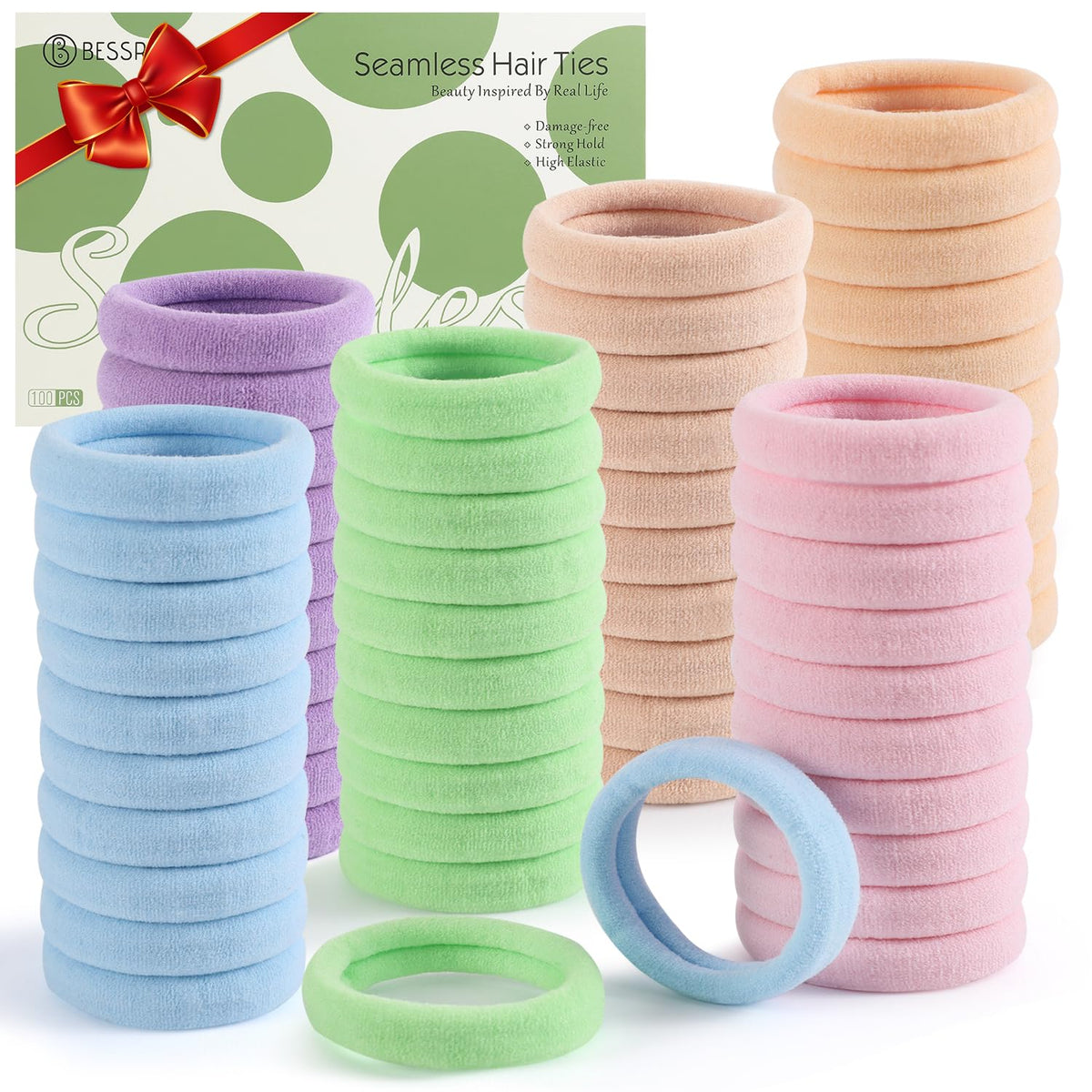 Bessrung front pack of 100 candy-colored hair ties showing value pack and assortment benefit