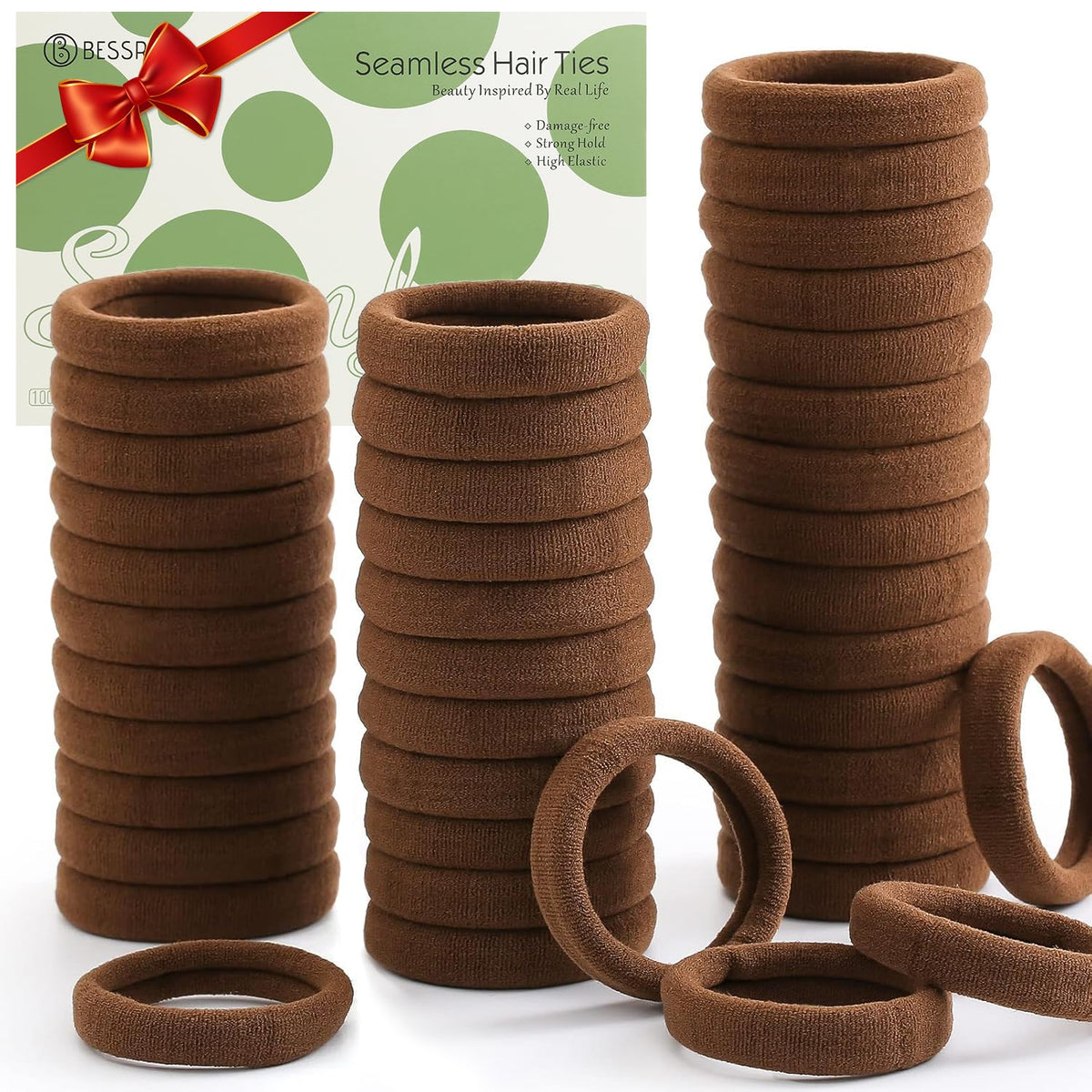 Bessrung front pack of dark brown hair ties showing quantity and neat bundle benefit