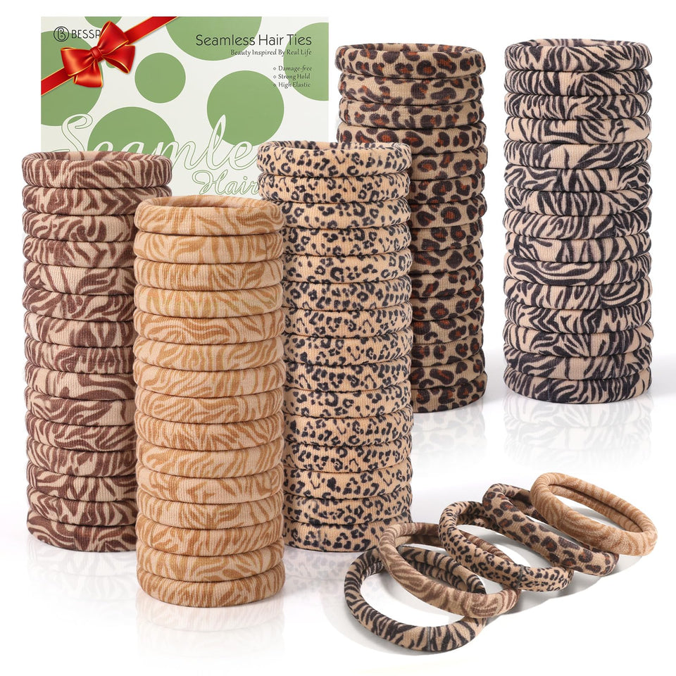 Bessrung front packaging showing 100 leopard hair ties and value pack benefit