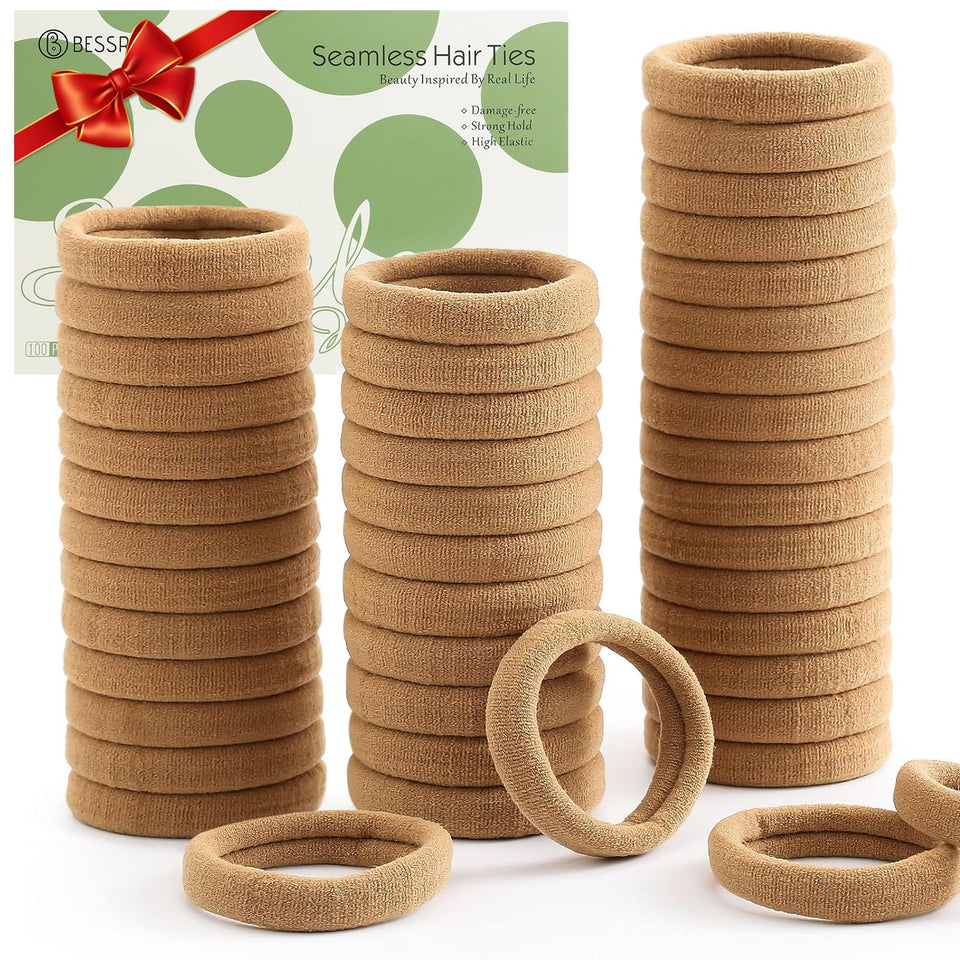 Bessrung front packaging showing 100 light brown hair ties for lasting supply