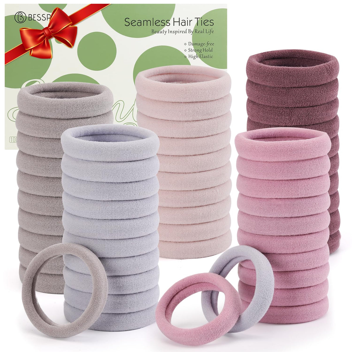 Bessrung front packaging showing 100 pink hair ties and clear count benefit