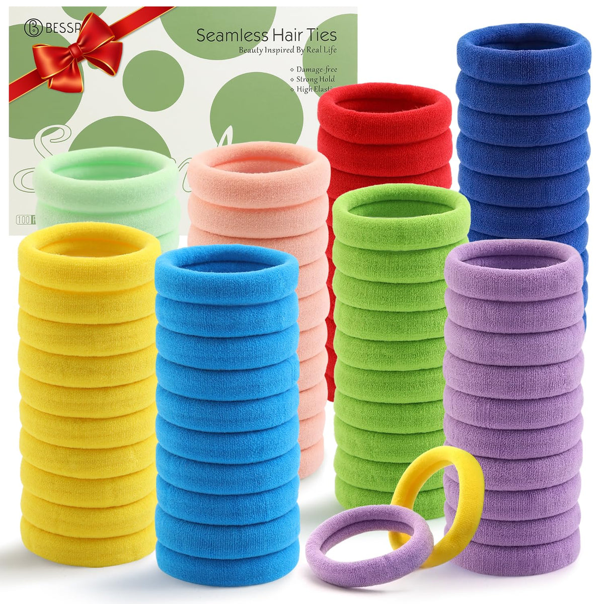 Bessrung front packaging showing 100 rainbow hair ties and durable set